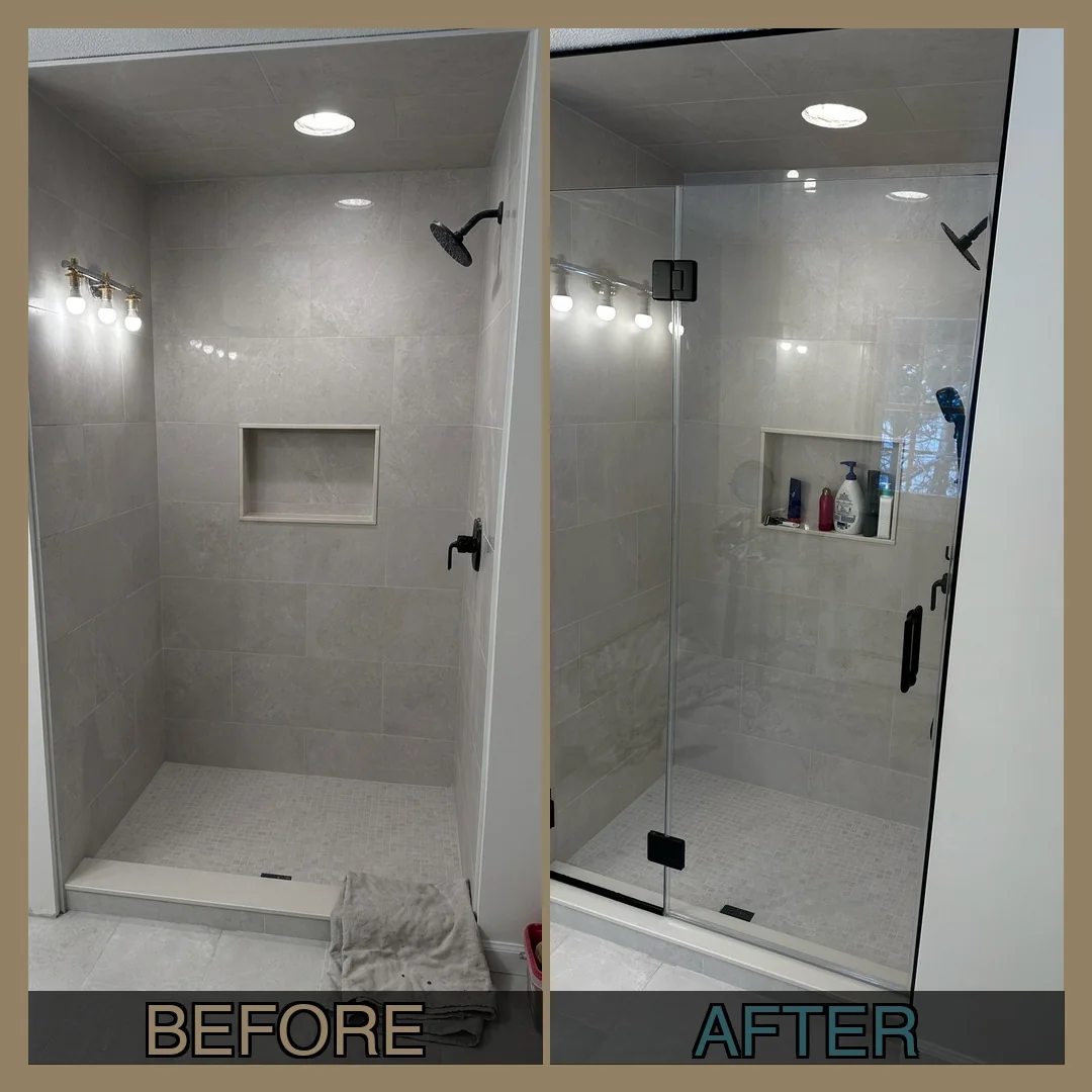 Before and after frameless pivot shower door installation with matte black hardware and large-format gray porcelain tile in Wakefield, MA