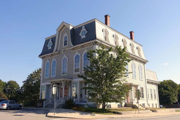Historic Flint Memorial Hall with mansard roof