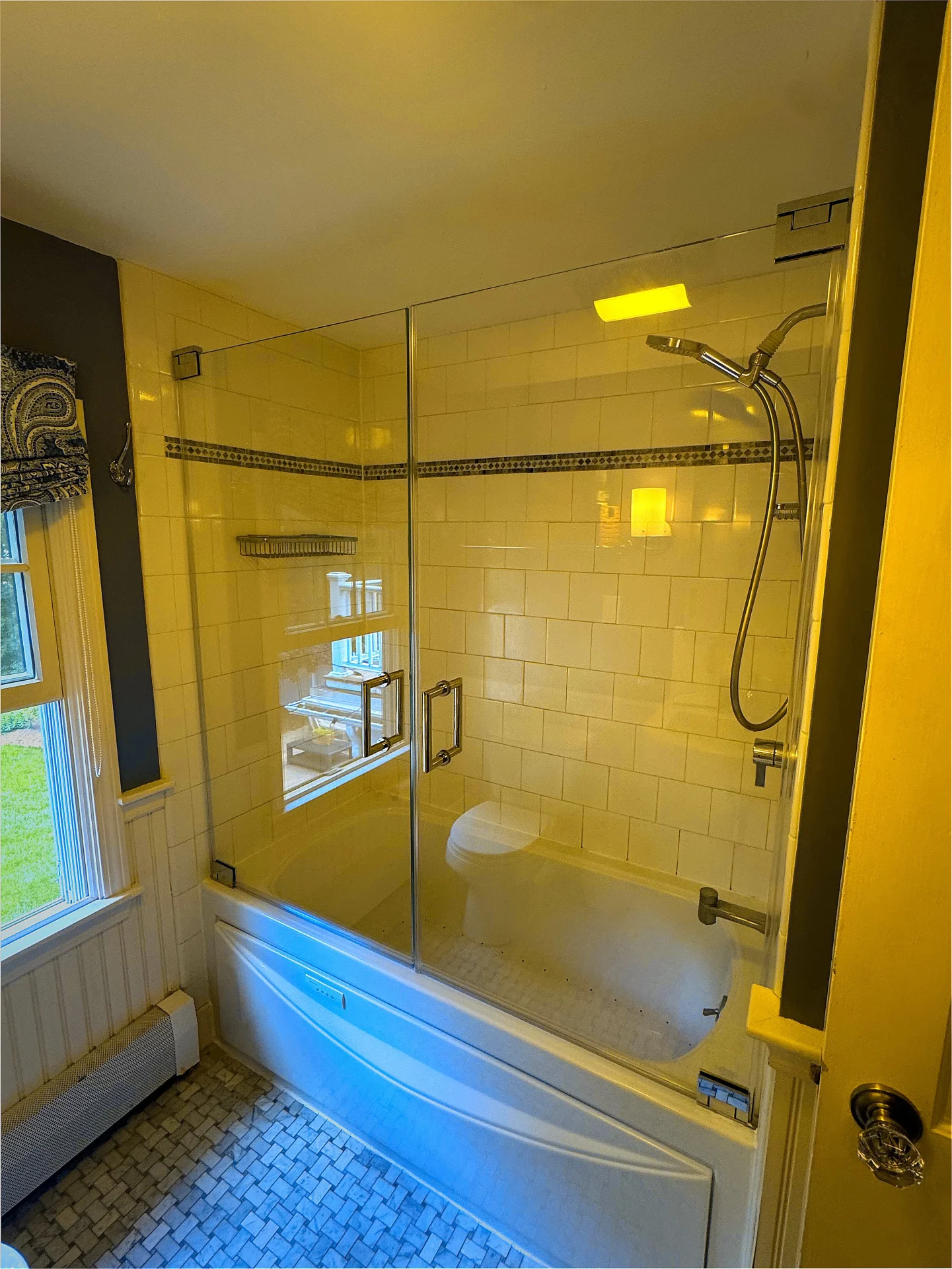 Frameless tub shower door, chrome hardware, mosaic accent tile, Topsfield MA
