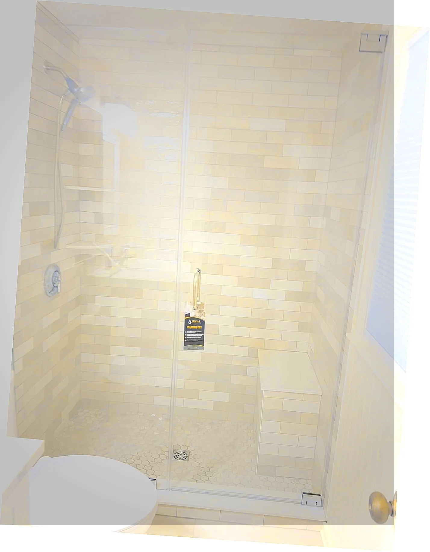 Frameless hinged shower door, chrome hardware, subway tile, Danvers MA