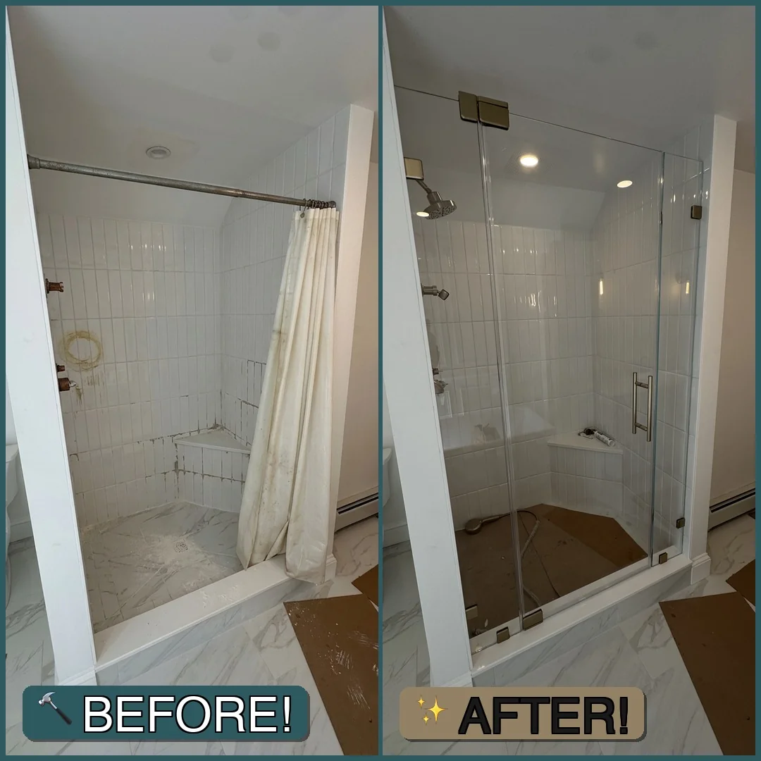Before and after of a corner shower in Amesbury, MA — stained curtain replaced by a frameless glass door with brushed bronze hardware
