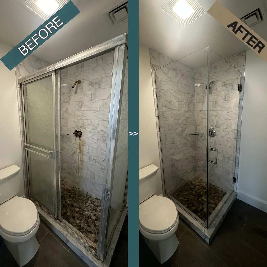 Before and after frameless neo-angle shower door replacing corroded sliding door in Dedham, MA bathroom