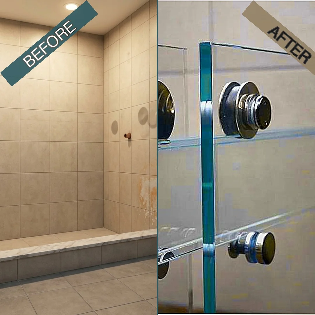 Before and after frameless glass shower door with chrome standoff hardware installed in Essex, MA
