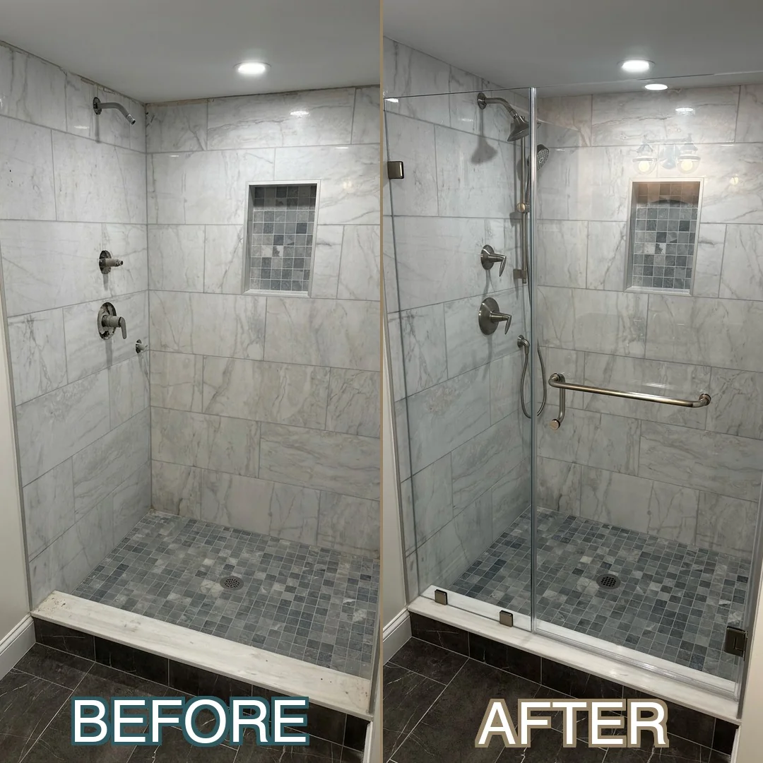 Before and after of an open marble shower niche transformed into a frameless glass shower enclosure with brushed nickel hardware in Haverhill, MA