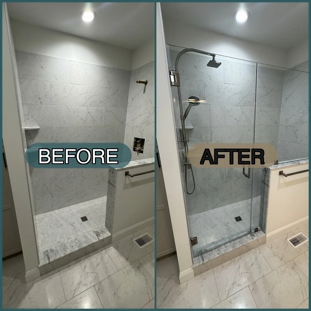 Before and after of a frameless glass shower door with brushed nickel hardware over marble tile in a Peabody, MA bathroom