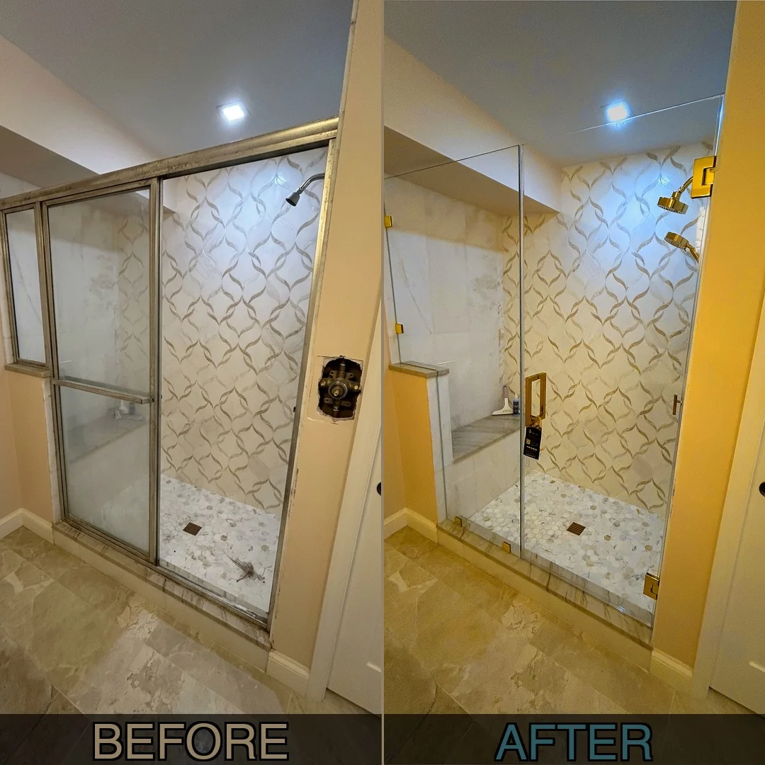 Before and after frameless pivot shower door replacement with polished gold hardware and arabesque tile in Revere, MA