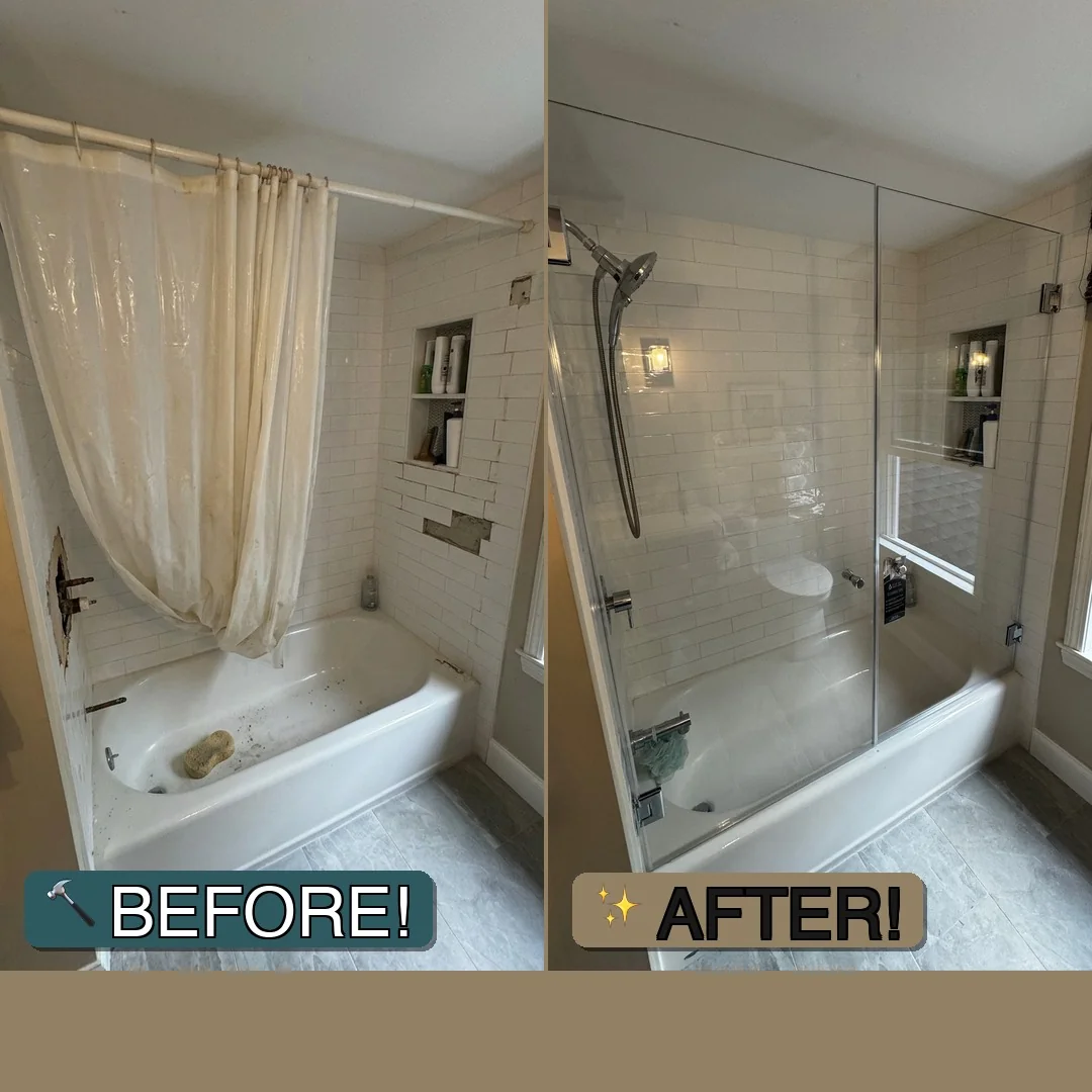 Before and after frameless sliding shower door with chrome hardware over a subway tile tub surround in Yarmouth, ME