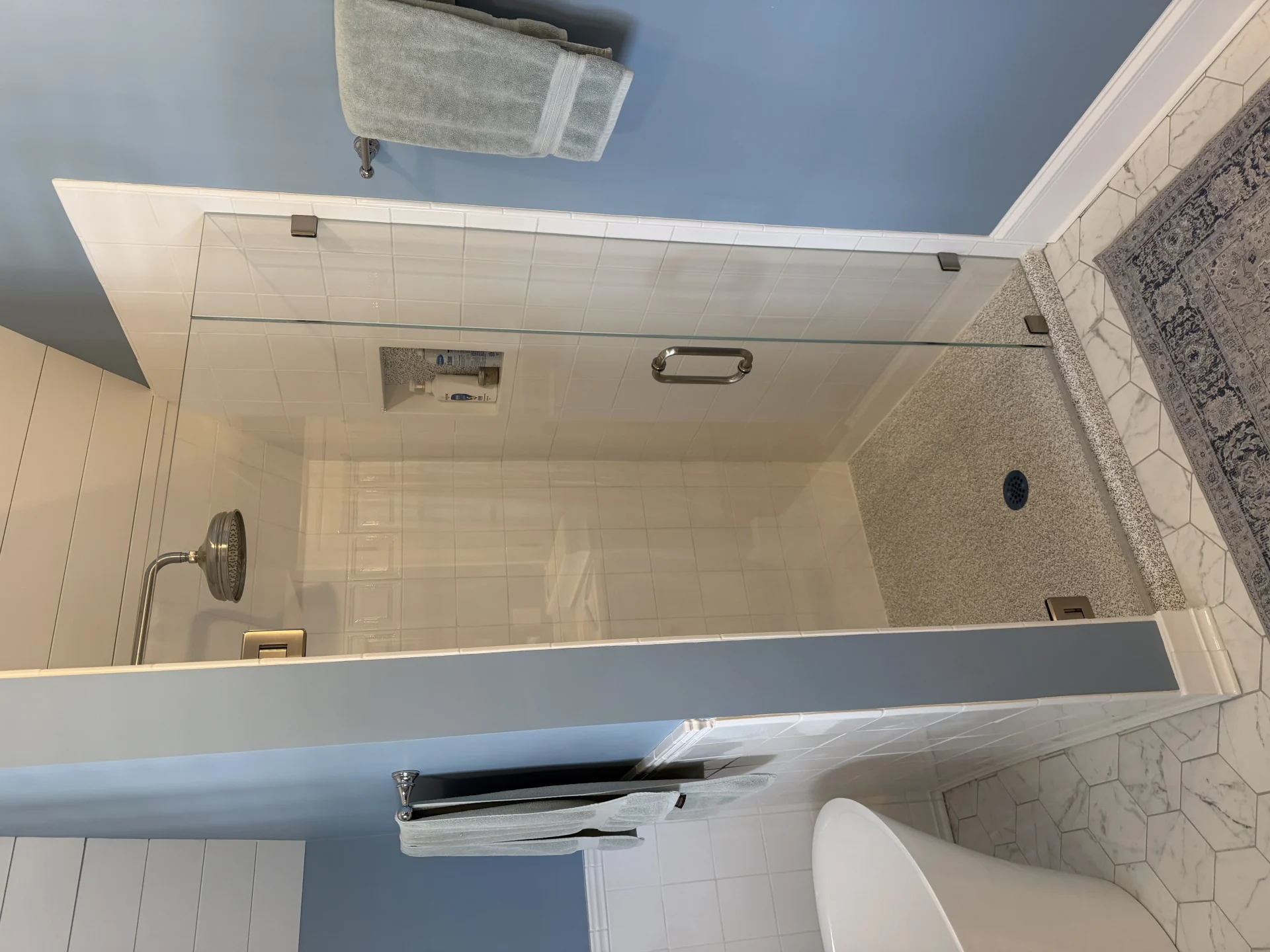 Frameless hinged shower door with clip hinges, subway tile, Melrose MA