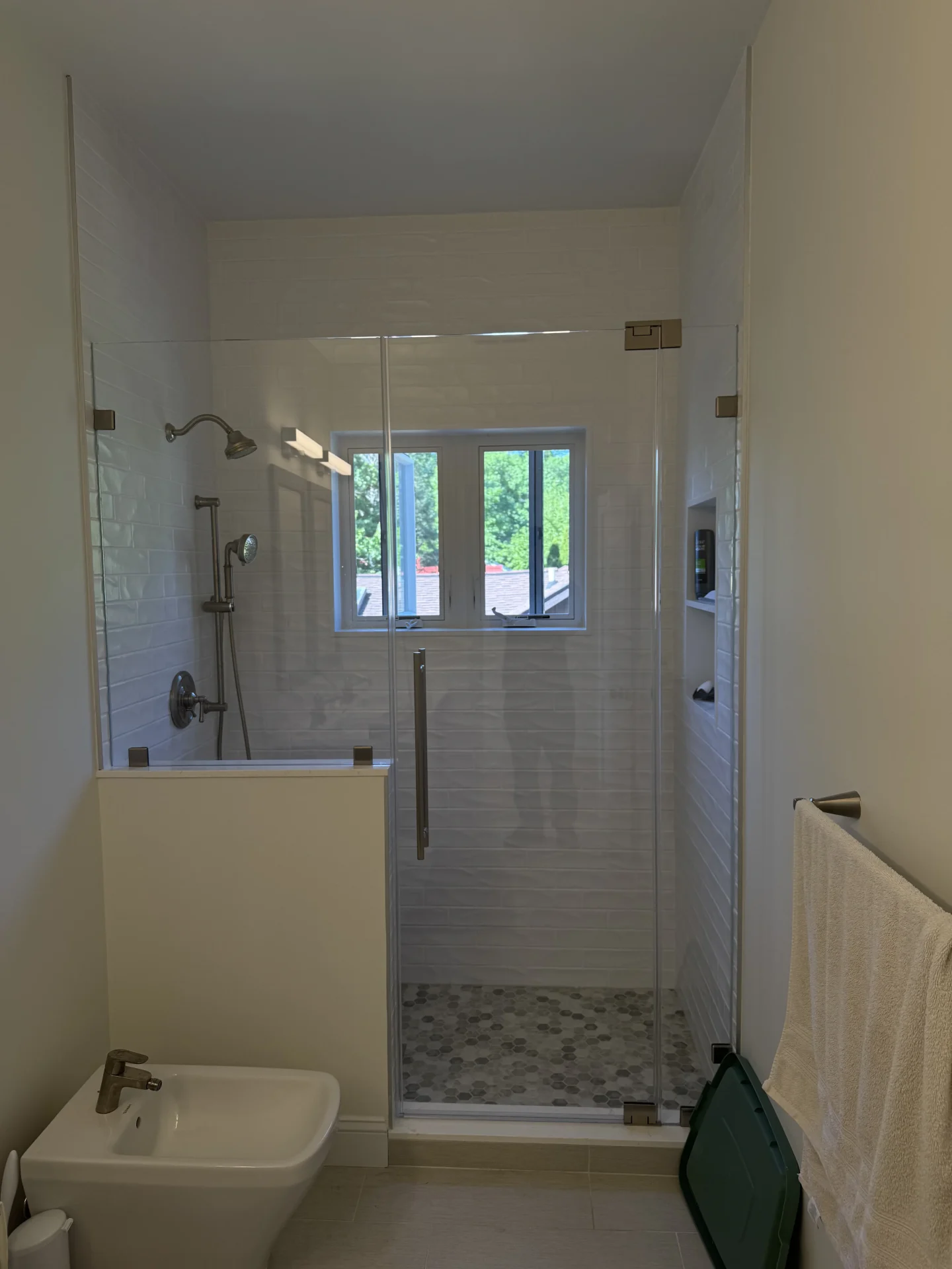 Frameless hinged corner shower door, brushed nickel, hex tile, Windham NH