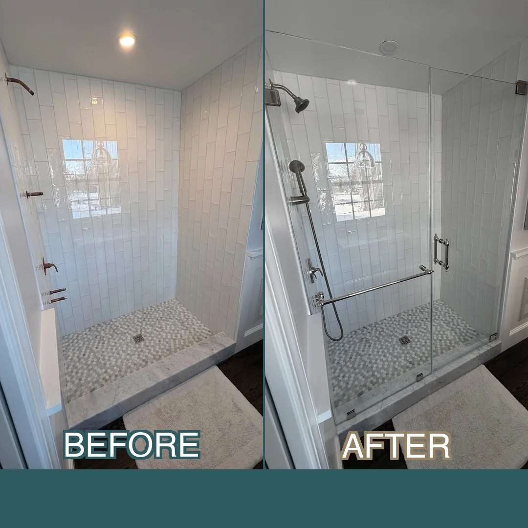 Before and after frameless glass shower door with brushed nickel hardware in an Arlington, MA bathroom with subway tile