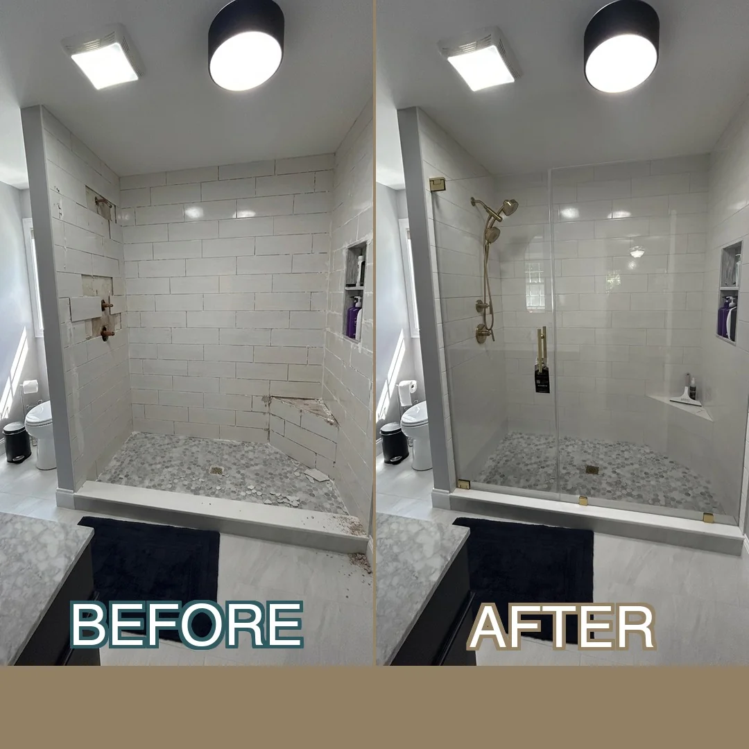 Before and after frameless glass shower door with brushed gold hardware in a Lynnfield, MA bathroom