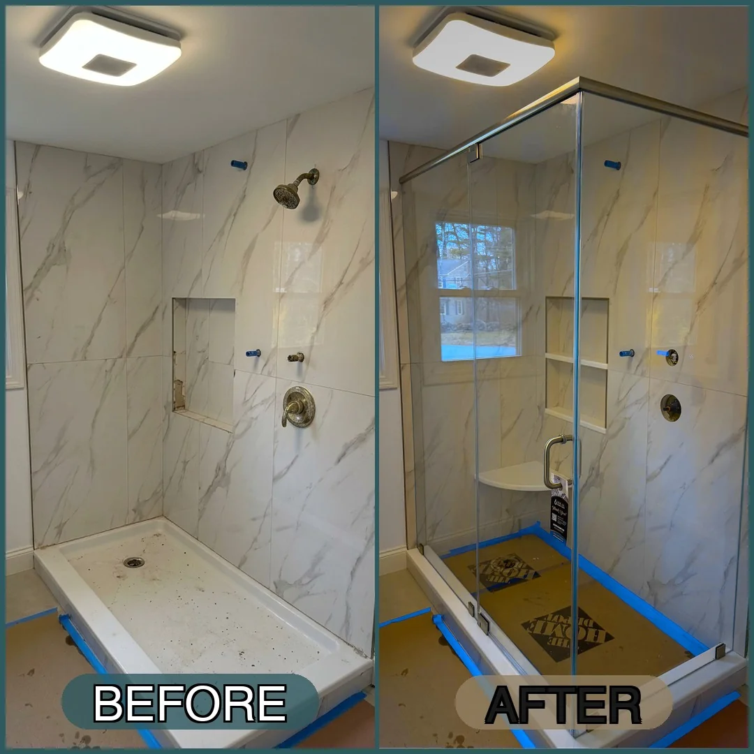 Before and after frameless corner shower door installation in Manchester By The Sea, MA bathroom