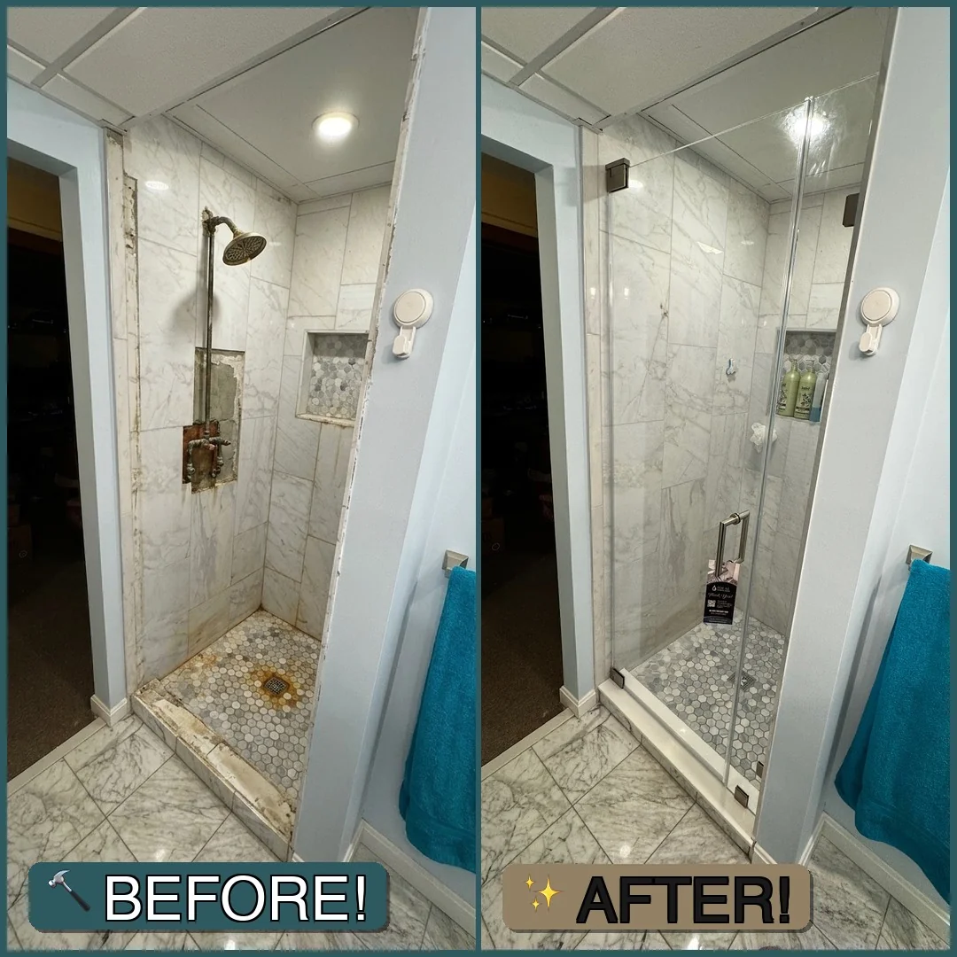 Before and after photos of a frameless pivot shower door installed in a Methuen, MA bathroom