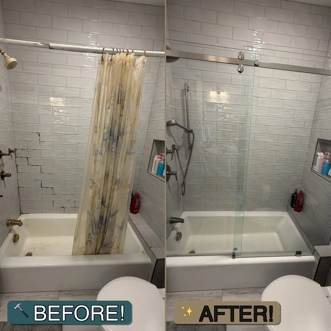 Before and after photo of a New Boston, NH tub: a moldy shower curtain and cracked tile replaced by a brushed nickel bypass glass door