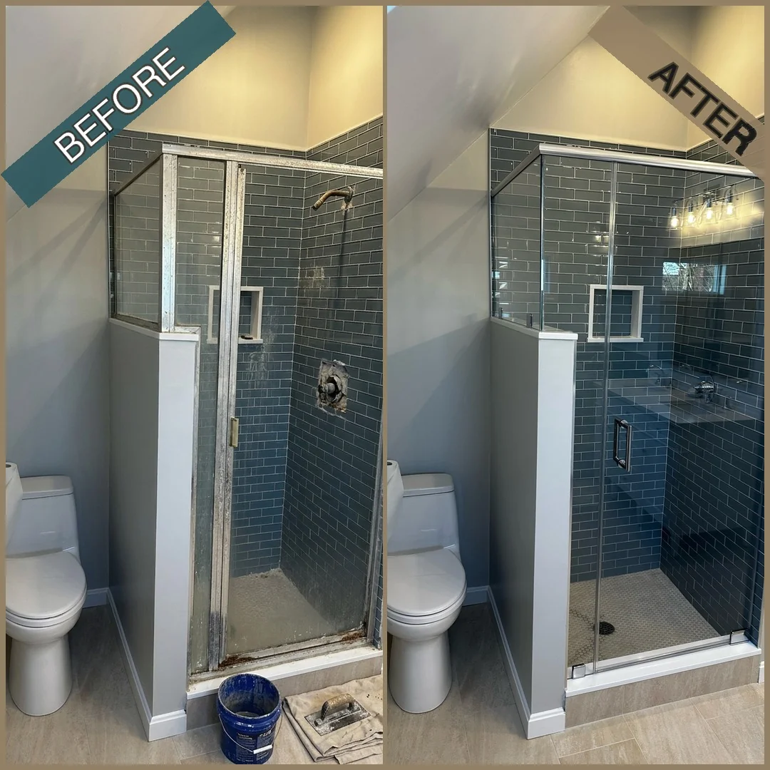 Before and after frameless glass shower door replacing a corroded bi-fold enclosure in a Peabody, MA bathroom