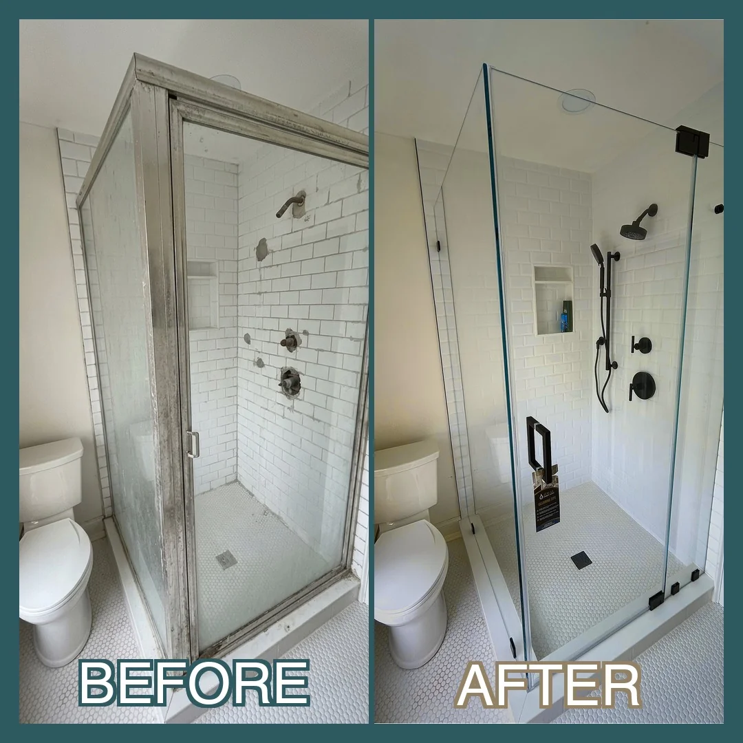 Before and after photo of a corroded aluminum shower door replaced with a frameless glass enclosure and matte black hardware in Reading, MA