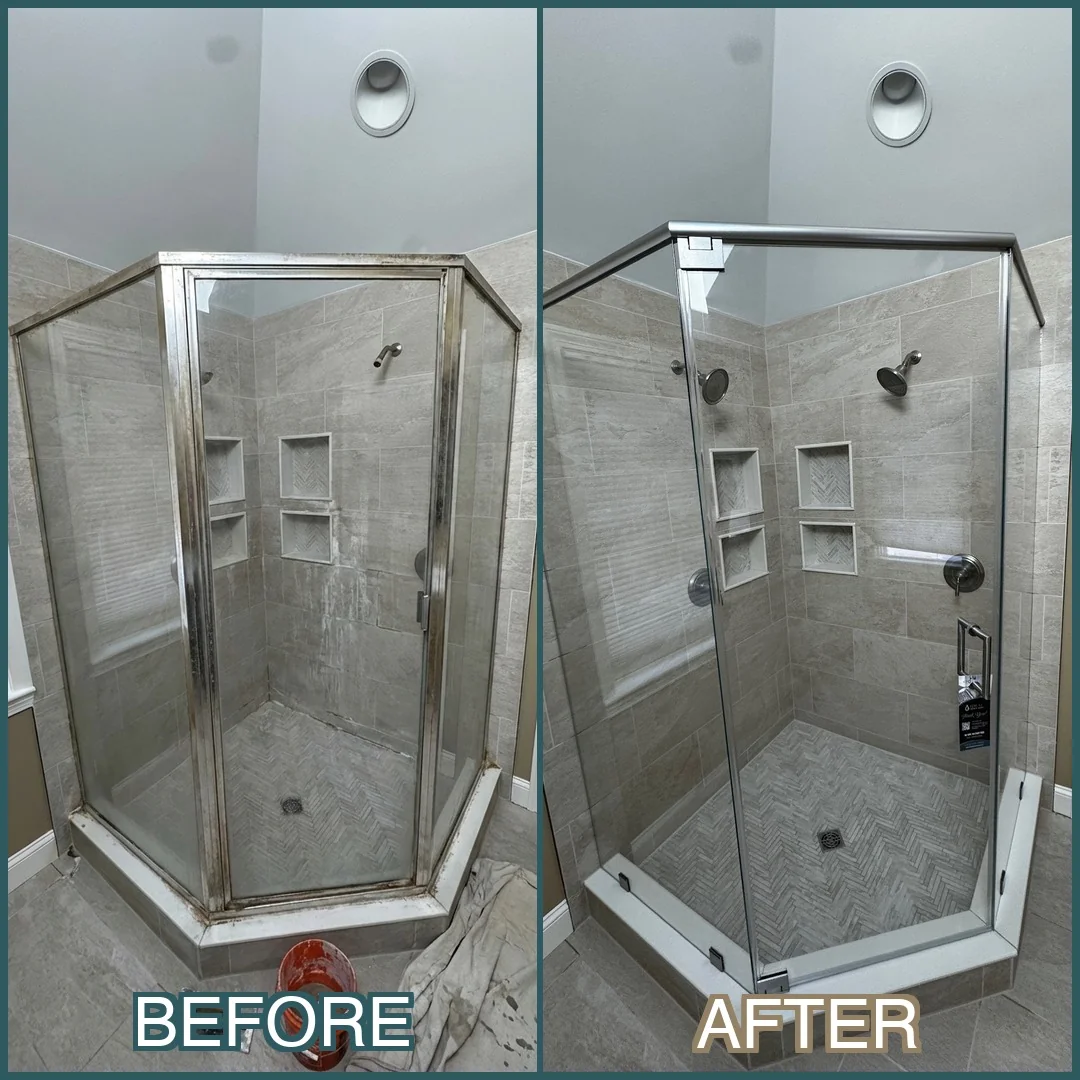 Before and after neo-angle frameless shower door replacement in Reading, MA