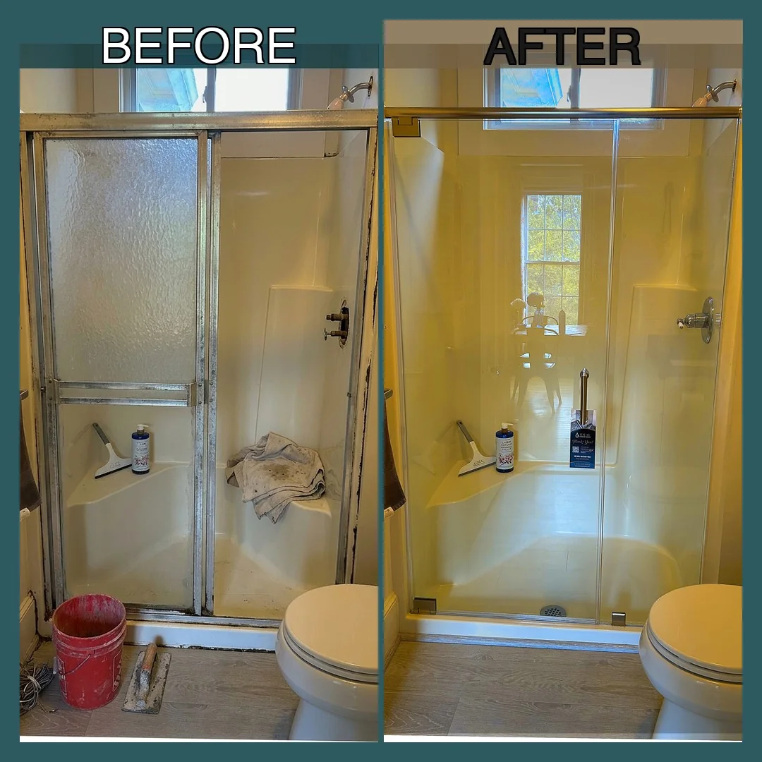 Before and after frameless sliding shower door replacement in a Winchester, MA bathroom